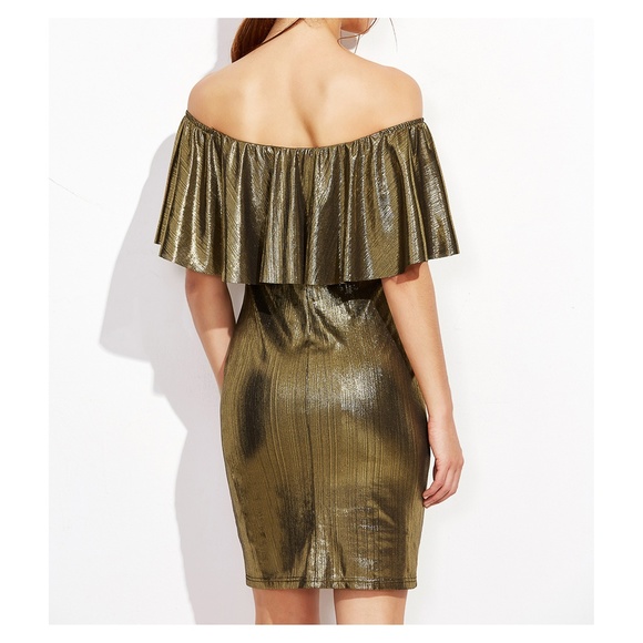 Gold Metallic Off the Shoulder Bodycon Dress - Picture 2 of 4